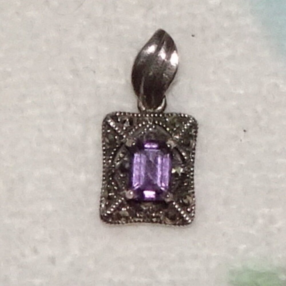 Amethyst & marcasite pendant, sterling silver. Vintage.